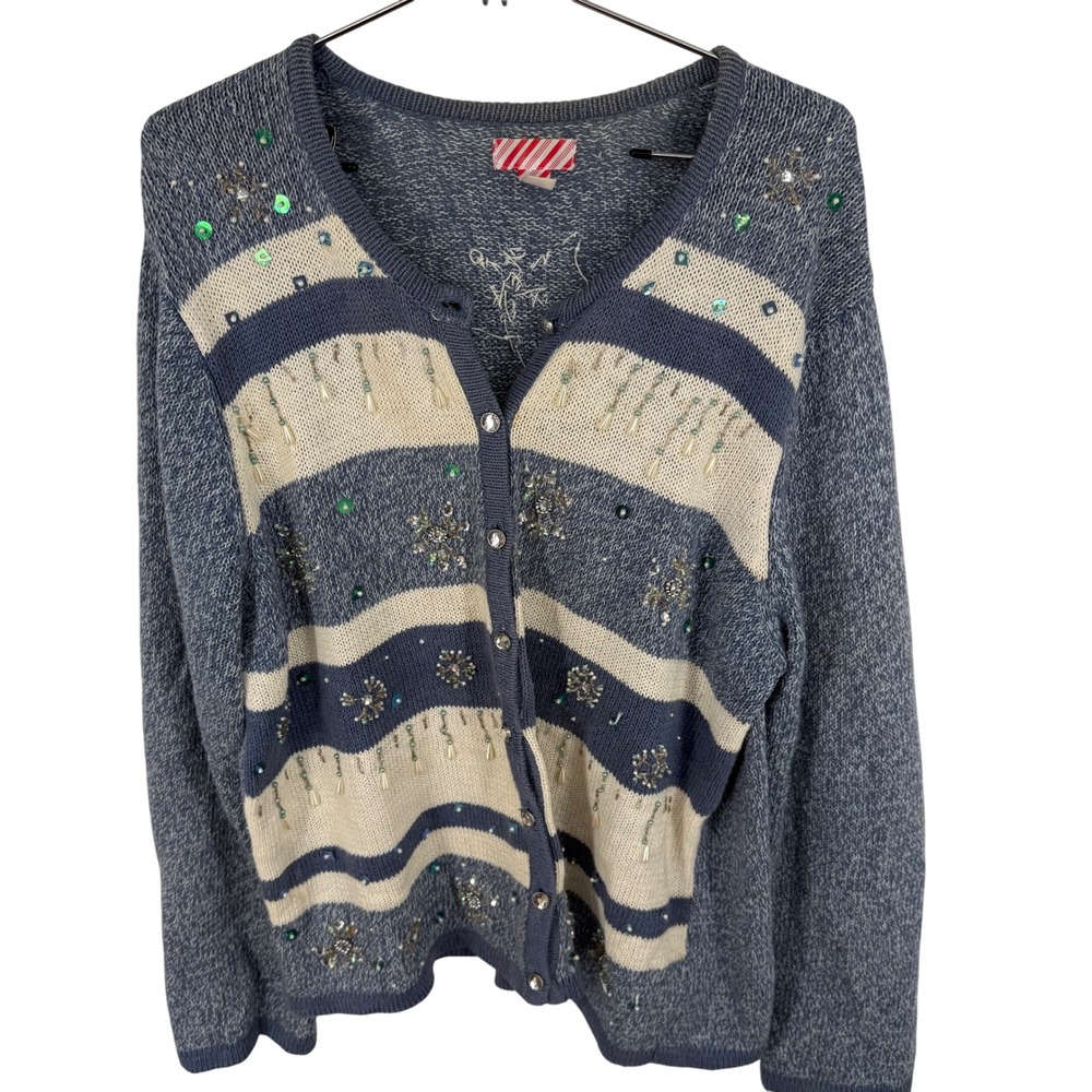 Grannycore XL Snowflake‎ Embellished Blue Beaded Ugly Christmas Sweater Cardigan